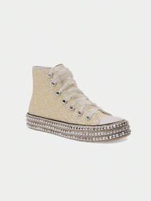 Beast Fashion Women's Rhinestone Platform High-Top Sneakers – ASH-02 – Glitter Lace-Up Canvas Shoes – Party Glam Street Style    Preppy          Beach  Party  Wedding - White Pearl - View 2