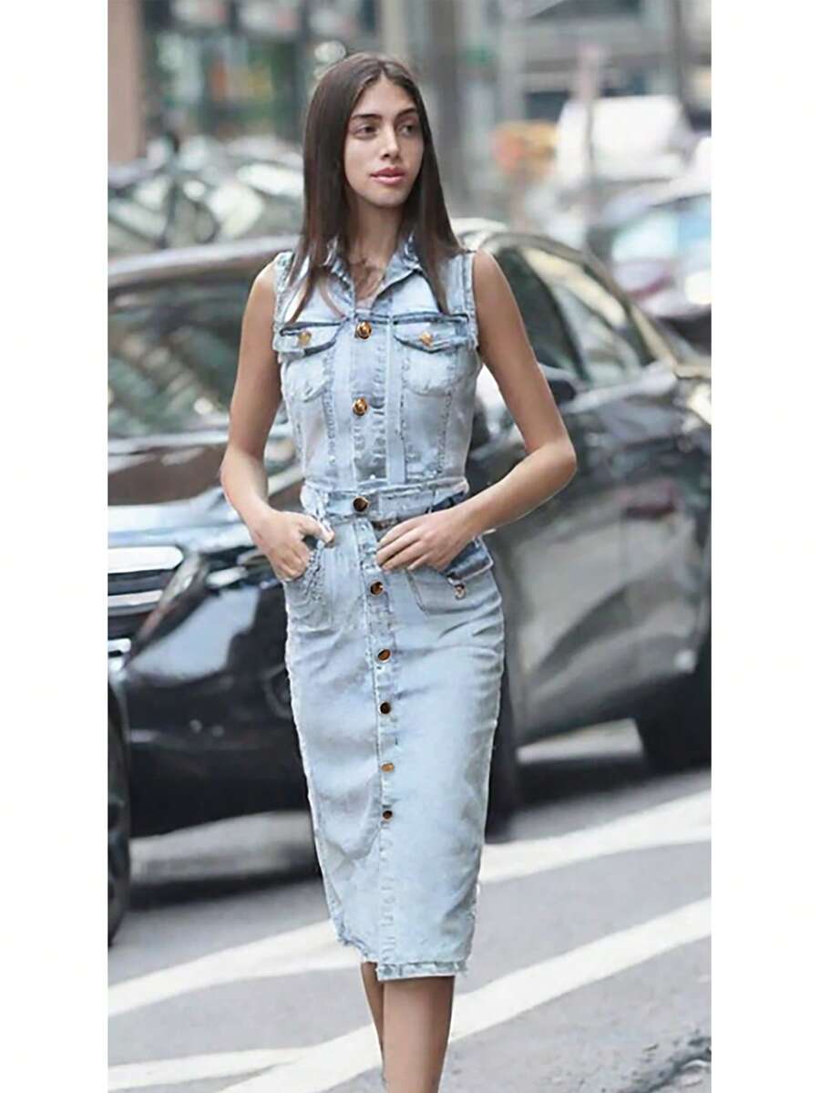 VESTIDO LARGO DE MEZCLILLA - Lavado ligero - Ver 1