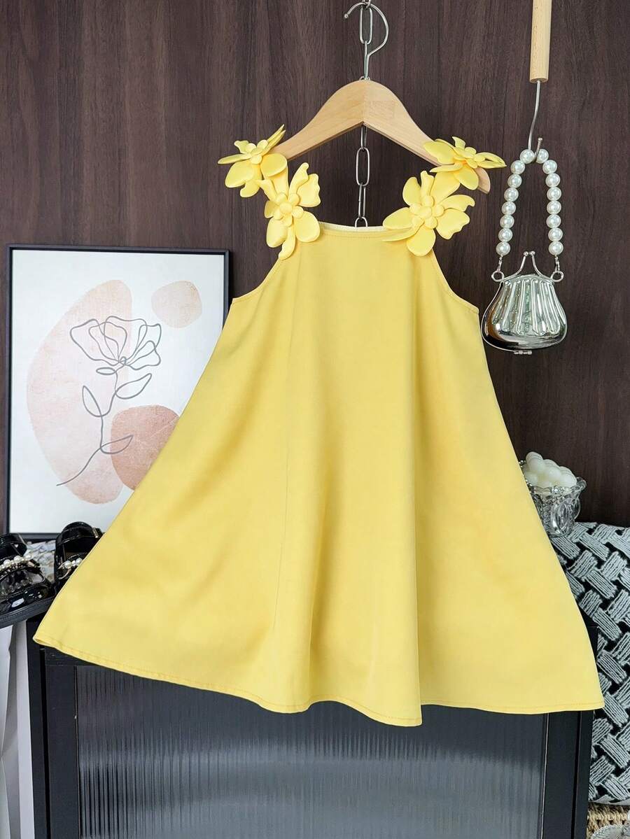 Summer Cute Woven Solid Color Camisole Dress For Girls - Yellow - View 1