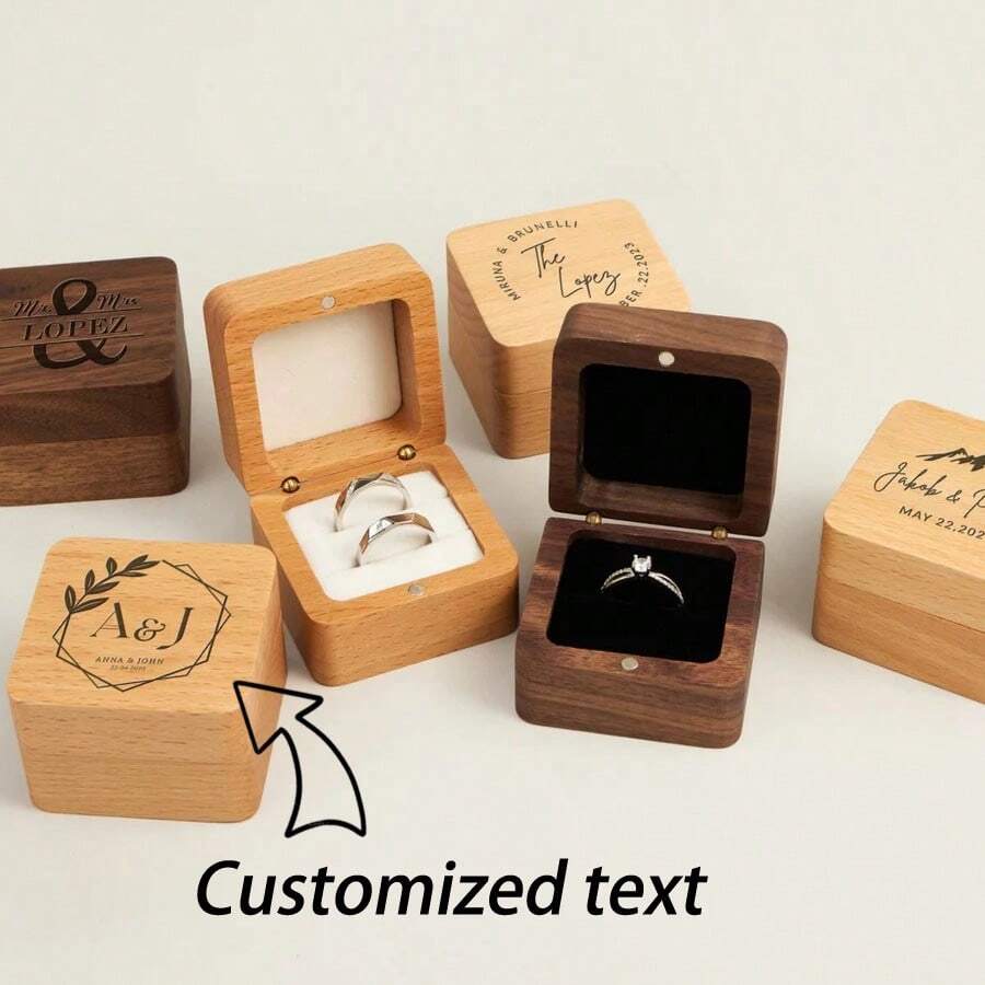 1 Pc Custom Wooden Wedding Ceremony Ring Box, Personalized Engraved Engagement Ring Box, Walnut/Oak Ring Box, 5.5cm Square Ring Bearer, Anniversary Gift, Proposal Ring Box Holder Back To School,Delicate Romance - Multicolor - View 1