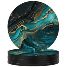 6pcs/Set Gold Marble Coasters, 4 Inches (10.16cm) Diameter, Designed For Drinks, Made Of Absorbent Rubber Material With Non-Slip Bottom, Ideal For Home Kitchen Or Bar Decoration, Also Great Housewarming Gift
