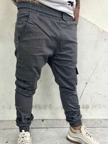 Men's Wide Leg Cargo Jeans And Twill Skate Pants Khaki 6 Pockets Drawstring Closure - Dark Grey - View 2