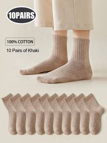 5 双女士中性中长款棉质中筒袜，高弹力，抗菌除臭，多色简约素色版型，适合休闲日常商务穿着，秋季 - 彩色 - 查看 21