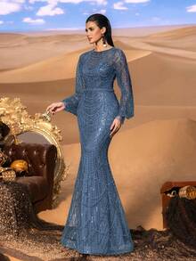 Faeriesty 高级魅力优雅长袖亮片鱼尾礼服，专为女性打造——精致的水晶串珠刺绣，闪耀夺目的全身细节，修身喇叭裙摆，适合红毯活动、奢华婚礼、正式晚宴和时装秀等场合。 - 霧霾藍 - 查看 1