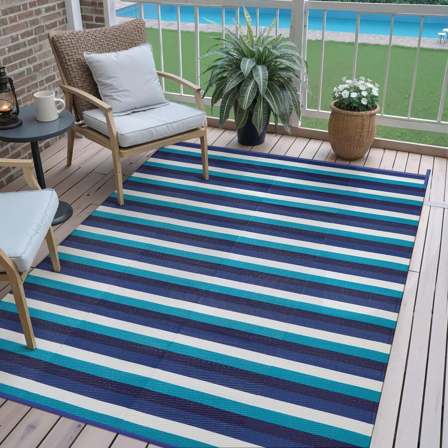 Outdoor Waterproof Patio Rug 5X8 6x9 8X10 9X12 Plastic Straw Reversible Lightweight Outside Blue Orange White Red Stripe Large Carpet Outdoor For Camping RV Porch Deck Balcony Beach - Four-color Blue and White Stripes - View 1