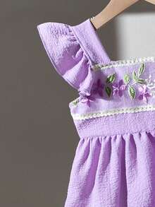 BASUSARRI 两件套女童荷叶边背心上衣搭配3D提花网纱裤，优雅中国风夏季套装 - 紫色 - 查看 4