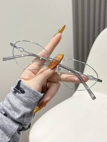 1pc Women's Oval Metal Frame Glasses, Cute College Style Decorative Non-Prescription Glasses - Multicolor - View 3