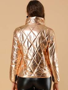 Women's Christmas Puffer Jacket Holographic Shiny Metallic Jacket - 金色 - View 5
