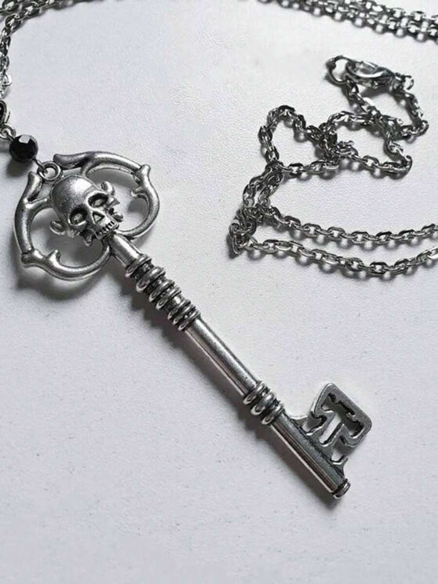 1 件哥特式骷髅设计金属吊坠项链，适合派对服装配饰，男女通用 - 復古銀色 - 查看 1