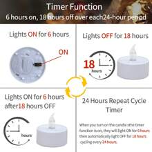 12 piezas de velas electrónicas sin llama con temporizador, ciclo de 6 horas encendido/18 horas apagado, alimentadas por batería CR2032 (talla grande de 180 horas), adecuadas para bodas, cumpleaños, decoración de mesas de fiesta, decoración del hogar (blanco cálido, amarillo cálido)