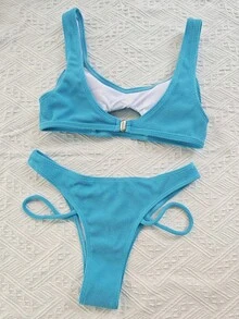Woman Cut Out Basic Style Solid Bikini Set Slender Swimsuit, Real Photos,Vacation Outfits Woman - Lake Blue - View 4