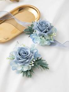 2 piezas/1 pieza Muñequera de Flores de Novia y Boutonnière, Adecuado para Novio, Novia, Padre, Madre, Abuelos Decoración y Uso en Boda, Fiesta de Graduación, Accesorios del Día de San Valentín - Azul - Ver 3
