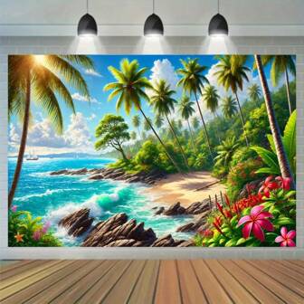 Tropische strandzonsondergang polyester fotografieachtergrond, multifunctionele bannervlaggen voor verjaardagen, taarttafels, fotostudio's, buitenfeesten, geen stroom nodig, tuin-, gazon- en decoratie - gemakkelijk op te zetten en op te bergen, voegt een professionele touch en sfeer toe!