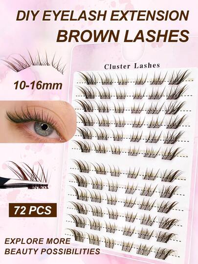 72 sợi mi giả dày và cong hình chữ C, màu nâu, dùng để tự nối mi, tự nhiên và dày dặn, mi giả kiểu mắt mèo, mi giả làm dài mi, 10-16mm, mi giả từng sợi, mi giả riêng lẻ.