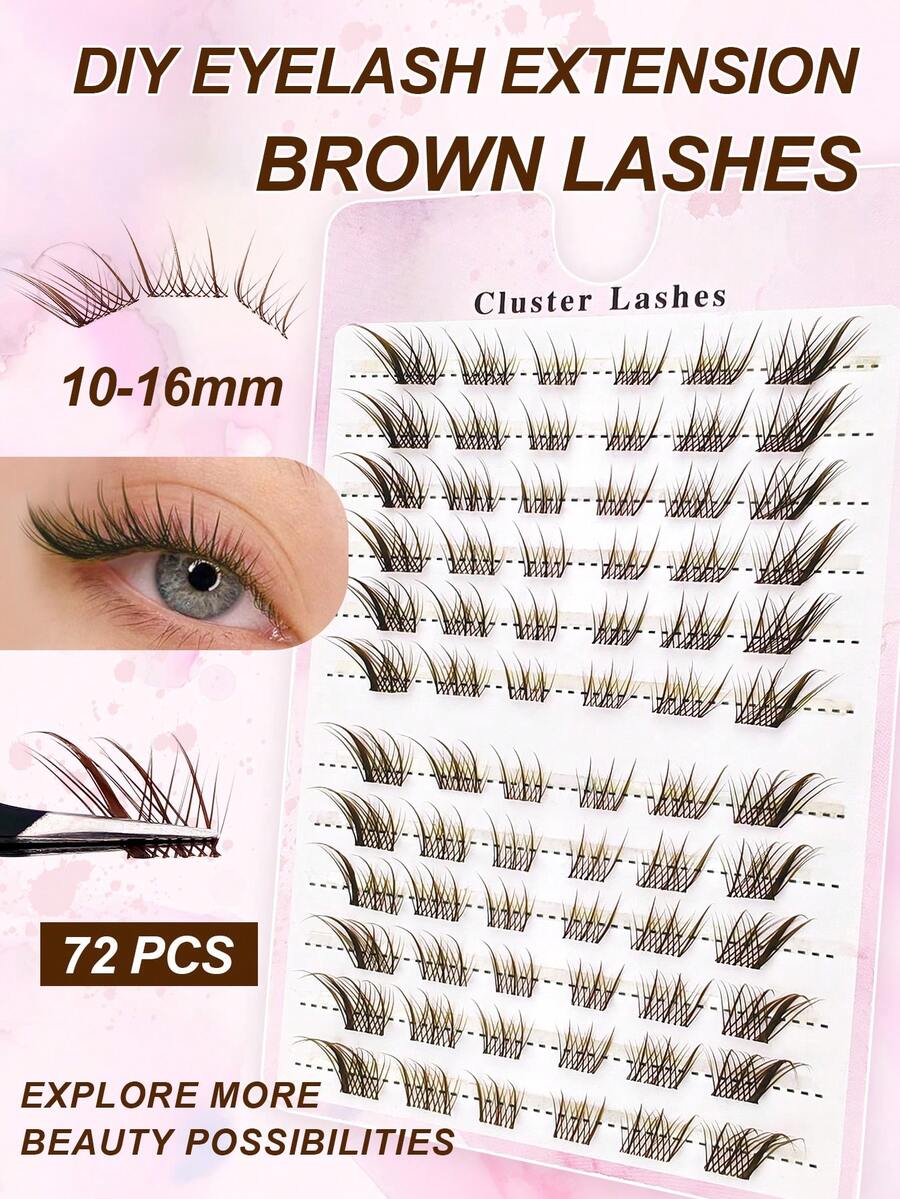 72 sợi mi giả dày và cong hình chữ C, màu nâu, dùng để tự nối mi, tự nhiên và dày dặn, mi giả kiểu mắt mèo, mi giả làm dài mi, 10-16mm, mi giả từng sợi, mi giả riêng lẻ. - màu nâu - Xem 1