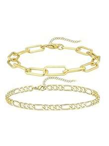Pulseira de corrente dupla de aço inoxidável banhada a ouro 18K, 2 peças, conjunto de pulseiras minimalistas com contas vazadas, acessório versátil adequado para meninas e mulheres (quantidade de contas aleatória)