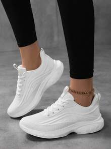 New Women Versatile Lightweight Mesh Breathable White Sneakers, Women's Sports Shoes, Women's Fashion White Running Shoes, Student Jogging Shoes, Women's Comfortable Travel Shoes, Women's Minimalist Lace-Up White Shoes, Women's Soft Bottom Training Shoes, Women's Pure White Shoes, Women's White Fitness Shoes, Women's Road Running Shoes, White Retro Sports Shoes - All White - View 4