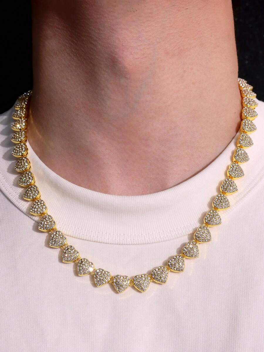 1pc Fashionable Luxury Unique Hip-Hop Punk Sparkling Elaborate Extravagant Fully Rhinestone Heart Necklace For Men - Yellow Gold - View 1