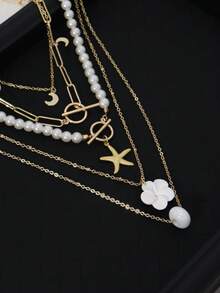 4pcs/Set Bohemian Starfish, Flower, Moon Pendant Imitated Pearl Multi-Layer Necklace Suit, Suitable For Ladies Summer Beach Party Holiday, Festival Gift - Multicolor - View 3