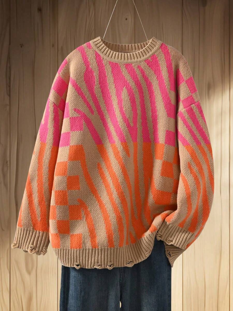 Plus Size Knit Pullover Sweater, Colorful Zebra Print, Distressed Details, Round Neck, Drop Shoulder, Long Sleeve Vacation - Khaki - View 1