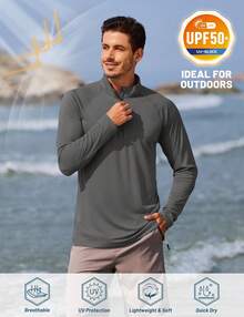 KEFITEVD Men's Long Sleeve Athletic Shirts 1/4 Pullover Zip Sun Protection Rash Guard UPF 50+ Outdoor Running T-Shirts - Dark Grey - View 3