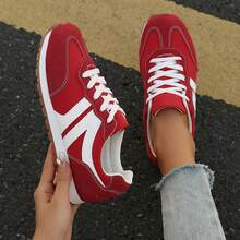 Sneakers For Women Athletic Inspired Low Top Lace Up Breathable Easy Styling - Red and White - View 3