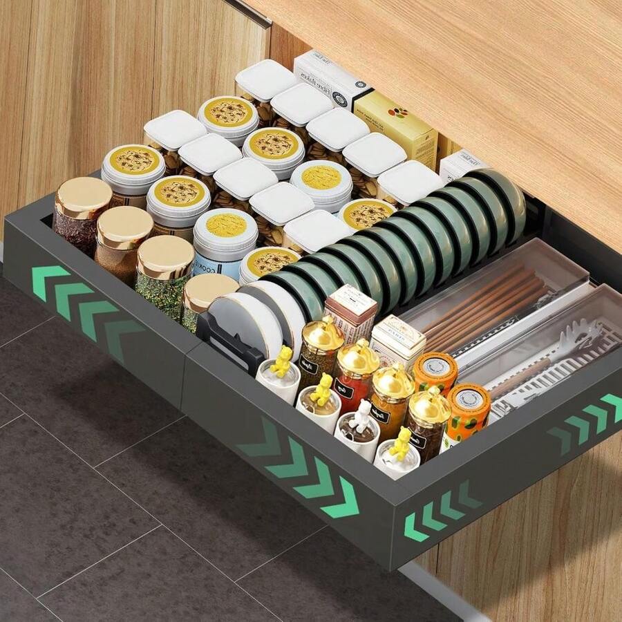 Organizador de cajón extraíble, paquete de 2 cajones deslizantes adhesivos para armarios de cocina, despensa, cajones corredizos de alta resistencia (NO para armarios con bordes/marcos) - Blanco - Ver 1