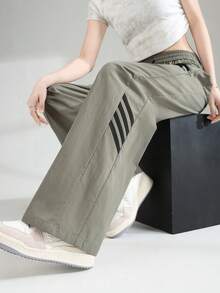 JUTU 春夏秋季休闲宽松长裤，侧边条纹，抽绳腰带，带口袋，街头风 - 0A90水泥灰拼黑 - 查看 7