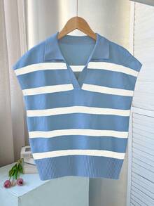 Frühling/Sommer Neu Vintage gestreifter Kontrast-Farbkragen ärmelloser Strickpullover, lässiger Oversize Pullover, modischer Pendler-Top, Neues Jahr Neuer Stil - -Girlande - Übersicht 4