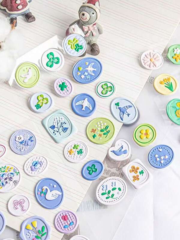 18pcs/Sheet Faux Wax Seal Stickers, Memory Box Series, Gakka Decorative Stickers, Floral Embossed Envelope Seals, Retro Versatile Decorative Stickers, Decoration For Memo, Planner, Scrapbooking, School Supplies,Back To School