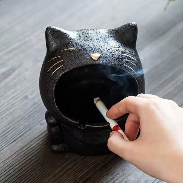 1pc Cute Cartoon Cat Design Ceramic Ashtray For Home & Office Use, Multi-Purpose Including Anti-Wind Car Ashtray