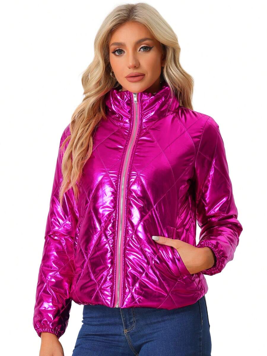 Women's Christmas Puffer Jacket Holographic Shiny Metallic Jacket - 玫紅色 - 查看 1