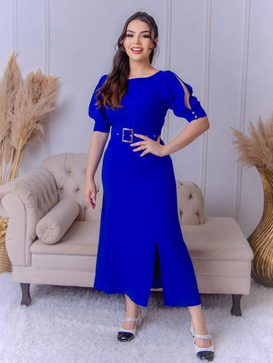 Plain Midi Dress With Zipper On The Back Comes With A Belt With Gold Buckle With Front Slit Elegant Sophisticated And Modest - Royal Blue - View 1