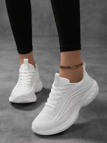 New Women Versatile Lightweight Mesh Breathable White Sneakers, Women's Sports Shoes, Women's Fashion White Running Shoes, Student Jogging Shoes, Women's Comfortable Travel Shoes, Women's Minimalist Lace-Up White Shoes, Women's Soft Bottom Training Shoes, Women's Pure White Shoes, Women's White Fitness Shoes, Women's Road Running Shoes, White Retro Sports Shoes - All White - View 3