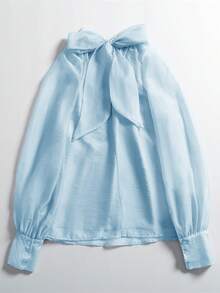 Áo kiểu nữ dáng rộng cổ cao màu trơn dài tay đèn lồng thanh lịch, mùa xuân và mùa thu - Màu xanh lam - Xem 2