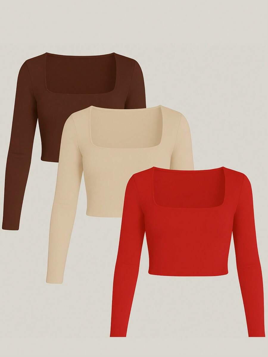 3-Pack Cropped Long Sleeve Square Neckline Basic Women's Winter - Brown/Red/Nude - View 1