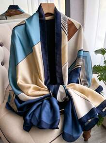 1 件女士几何印花仿丝围巾，时尚百搭防晒披肩，旅行和日常装饰，春秋