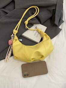 1 pieza Bolso de hombro de unicolor de PU, bolso de mano en forma de media luna de gran capacidad para mujeres adultas, conjunto de moda para compras al aire libre - Amarillo - Ver 7