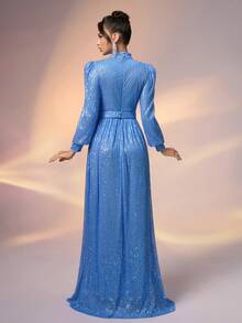 YISIKADO Women Solid Color Sequin Long Sleeve Stand Collar Evening Gown, Formal, Party Dress, For Wedding Guest - Blue - View 3