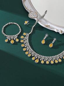 4 件中东风格首饰套装 - 项链、耳环、戒指、手链，镶嵌黄色锆石，婚礼新娘首饰套装 - 黃色 - 查看 4