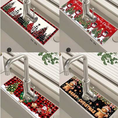 1 件 14*38 厘米圣诞厨房硅藻土垫，带圣诞树圣诞老人雪人姜饼人图案，水龙头吸水垫，浴室水龙头防溅垫，防潮防滑水龙头垫，厨房台面配件，2024 年家居圣诞装饰品