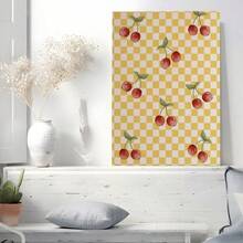 1pc Cherry Pattern, Plaid Background, Retro Style Framed Wall Print Canvas Wall Art - Retro 2D Artwork Wall Poster Decoration For Living Room, Bedroom, Home Decor, Ready To Hang - Multicolor - View 2