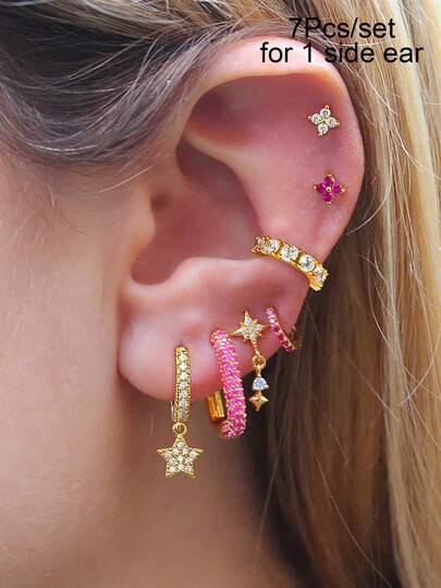 7Pcs/Set Earrings For Women Gold Plated Zirconia Ear Cuff Stud Hoop Dangle Earring Women Beach Vacation Jewelry Accessories