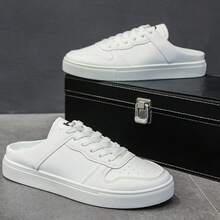 Summer Slip-On Shoes For Men, Solid Color Casual PU Leather Lace-Up Sneakers, Office & Outdoor, All Season - White - View 2