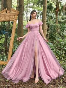 Faeriesty Luxe 优雅露肩网纱晚礼服，高开衩设计 | 适合正式晚宴、森林绿婚礼和盛大舞会等场合 - 藕粉色 - 查看 6