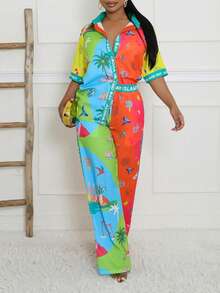 Women's Colorful Printed Two-Piece Set, Casual Short Sleeved Shirt&Wide Leg Pants Suitable For Vacation&Beach ﻿