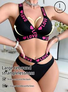 Women Letter Printed Underwear Set, Wireless Sports Lingerie Bra And Panty Set, Thin Style