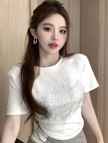 Women's Summer Rhinestone Print Round Neck Short Sleeve Casual T-Shirt - White - View 1