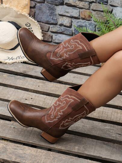 Fall/Winter Women's 2025 Autumn/Spring New Outdoor Fashion Detail Patchwork Embroidery Slip-On Ankle Boots Western Short Boots,Boots For Women,Cowboy Boots