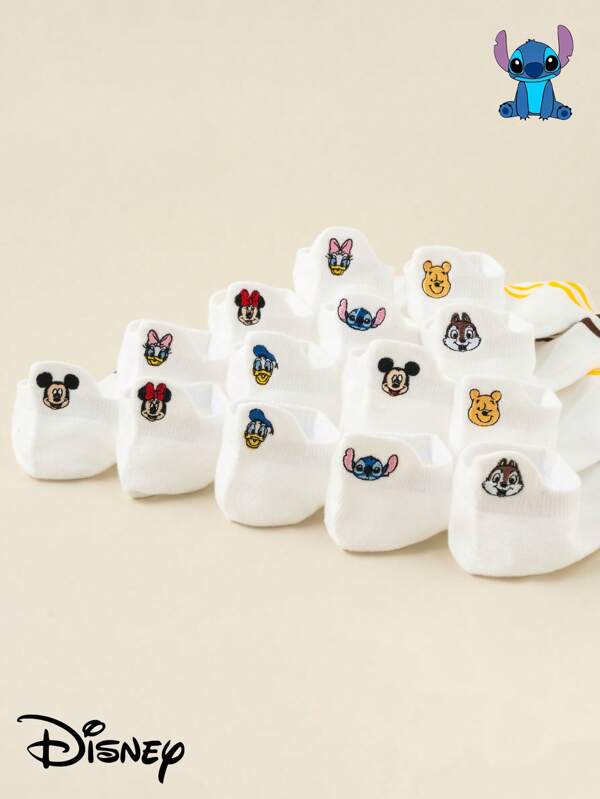 Disney Disney 5 perechi de șosete scurte subțiri, cu dungi invizibile, confortabile și respirabile, pentru femei, cu desene animate Donald Duck, Mickey Mouse, Minnie Mouse, Stitch, Daisy Duck, Winnie the Pooh și Chip 'n' Dale, trimise aleatoriu, de la Disney